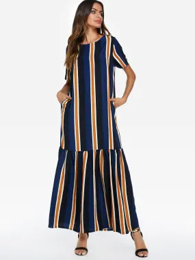 Wholesale Round Neck Short Sleeve Stripe Flounced Hem Maxi Dresses