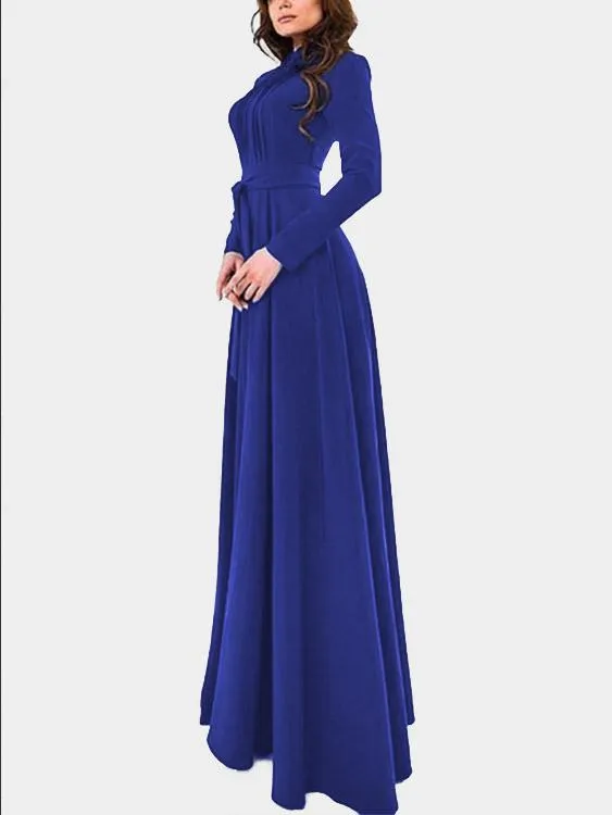 Wholesale Royal Chimney Collar Long Sleeve Plain Maxi Dress