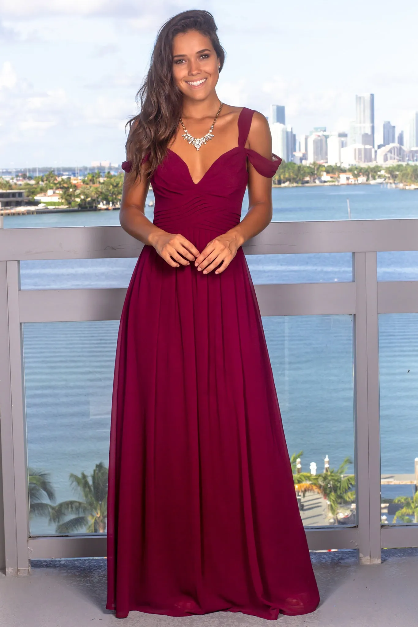 Wine Off Shoulder Maxi Dress with Pleated Top