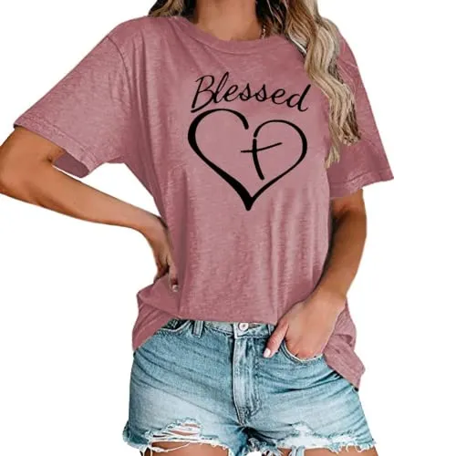 Women Blessed Heart T-Shirt Christian Tees