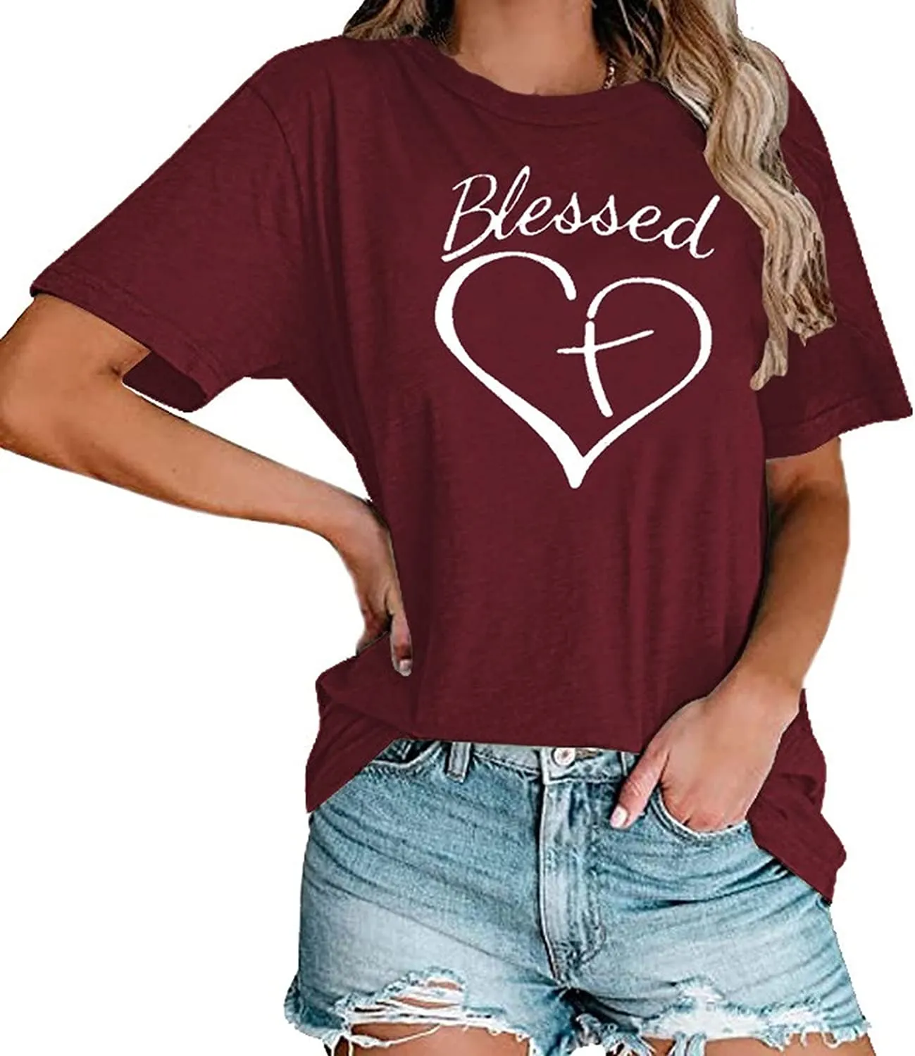 Women Blessed Heart T-Shirt Christian Tees