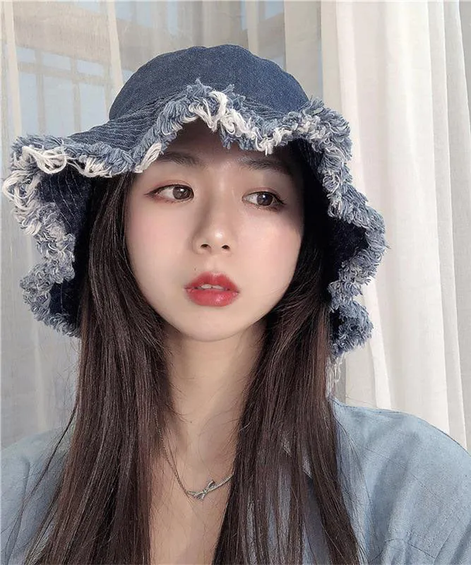 Women Blue Tassel Denim Holiday Bucket Hat