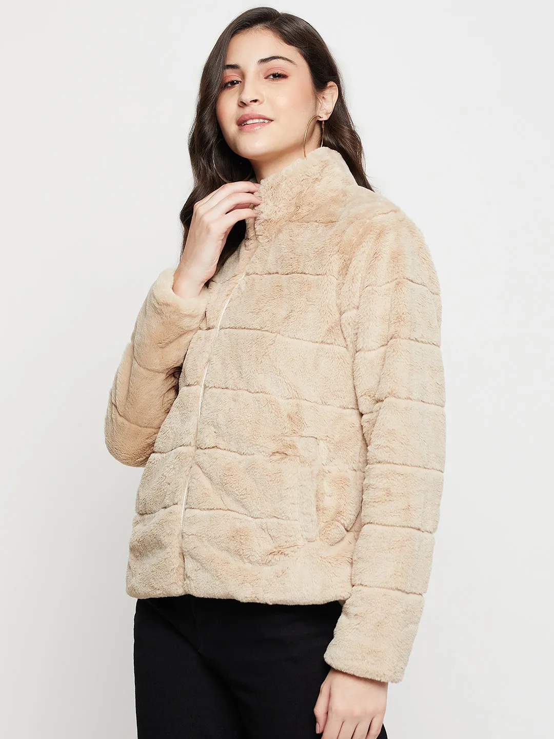 Women's Casual  Beige Soft Faux Fur  Jacket