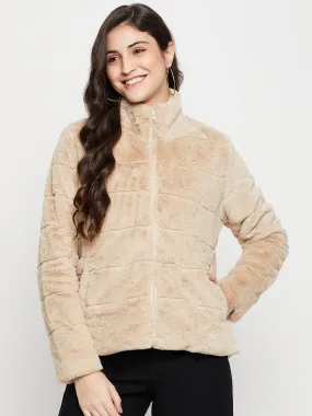 Women's Casual  Beige Soft Faux Fur  Jacket